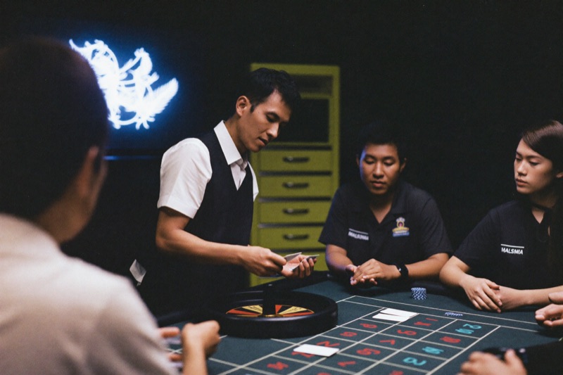A live baccarat table from the player's side, the dealer in a black waistcoat sliding a card off the shoe while three seated players watch, chips stacked on the felt