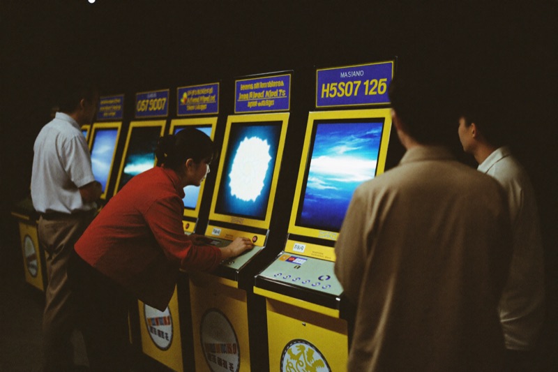 A slot hall at night with three rows of lit cabinets, a woman in a red jacket leaning in to press the spin button on the nearest machine while two men watch her screen