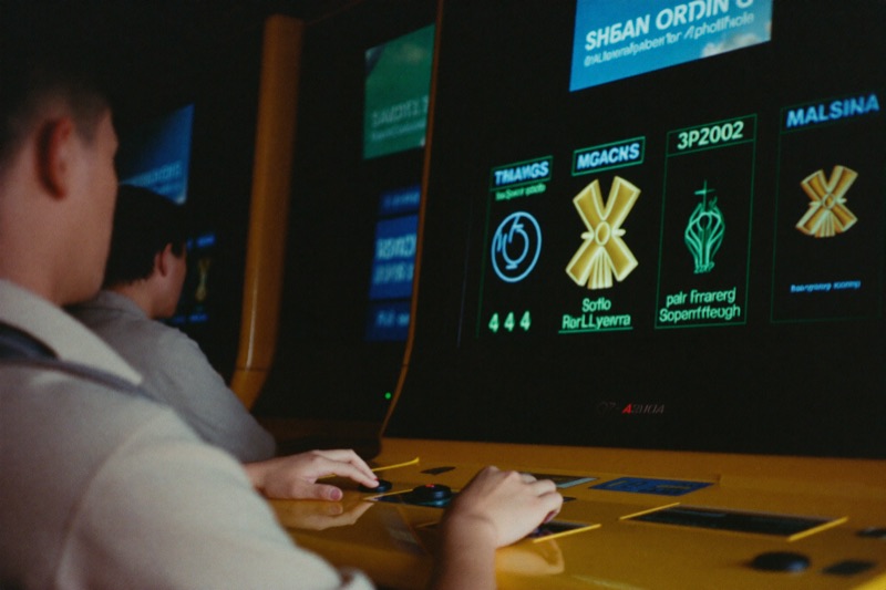A view over a seated player's shoulder at a tall slot cabinet, five reels mid-spin with a gold symbol lined up, his hand resting on the bet button